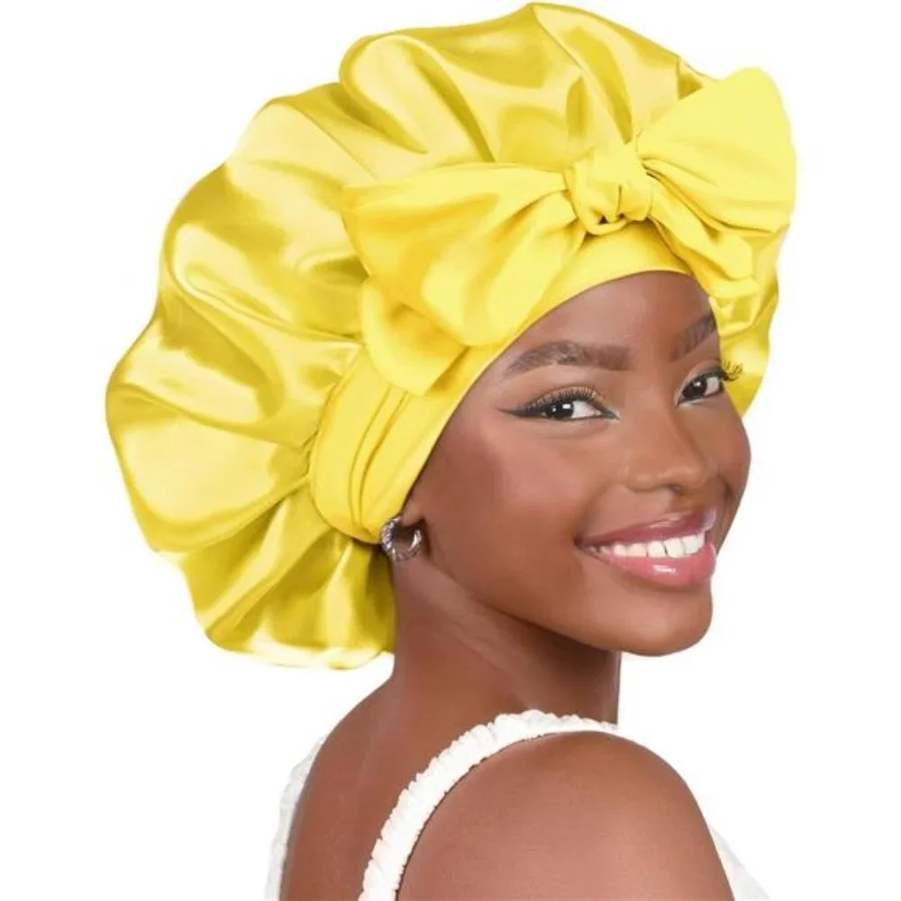 Silk Bonnet for Sleeping Women Satin Bonnet Double Layer Satin Lined Yellow